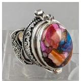 Spiny Oyster Turquoise Poison/Pill Box Ring, 925 Silver, Size 6