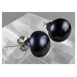 7-8mm Black Genuine Fresh Water Pearl Earrings, 925 Silver Posts