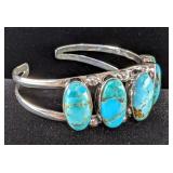 Sterling Silver And Turquoise Cabochon Bangle Bracelet