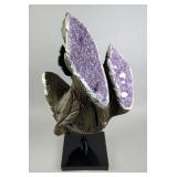 Artisan Hand-Carved Amethyst Feather Sculpture On Motorized Rotating Stand, 28", 64lbs