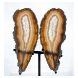 Brazilian Banded Agate Slice Wing Display On Custom Metal Stand, 15"