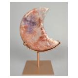 Polished Brazilian Pink Amethyst Crescent Moon Sculpture On Metal Display Stand, 10"