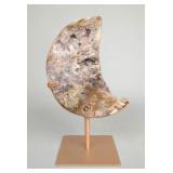 Polished Brazilian Pink Amethyst Crescent Moon Sculpture On Metal Display Stand, 10"