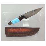 Damascus Blade Horn And Turquoise Hunting Knife With Leather Sheath, 7.5"