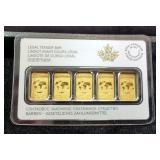 2015 Royal Canadian Mint $25 5-Bar Set, Each Bar Is 1/10 Oz .9999 Gold 