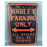 Harley Parking Only, All Others Will Be Crushed Enameled Metal Sign, 18" x 12"