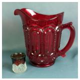 Weishar Ruby Red Pressed Glass Pitcher, And Ruby Red Souvenir Pressed Glass Toothpick Holder