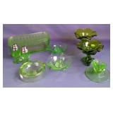 Uranium Glass Ashtray, Salt & Pepper Shakers, Candleholders, Qty 3, And Refrigerator Dish, And Green