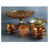Carnival Glass Dishes, Includes Westmorland Sawtooth Pedestal Bowl, Dugan Marigold Wreath Of Roses C