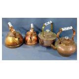 Copper Tea Kettles With Porcelain Handles, Qty 4, Various Sizes 