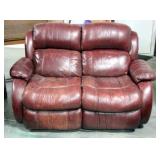 Red Leather Double Reclining Love Seat, 62"W x 36"H, Has Wear Along Bottom Sides