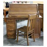 Roll Top Double Pedestal Desk W/ Key, Chair 4