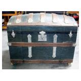 Metal Wrapped Wood Trunk w/ Wood Banding, Padded Fabric Lining, Leather Handles 32"W x 26"H
