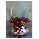 Fenton Mary Gregory Hand Painted "Gone Fishing" Glass Basket With Ruffled Edge, Painted By S. Hart, 