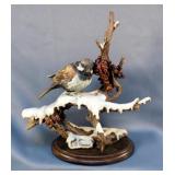 Giuseppe Armani "Sparrow In The Snow" Sculpture On Wood Base, 10" x 9.5" 