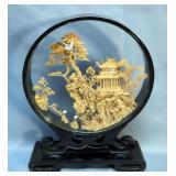 Carved Cork Diorama, 12" x 9.5" x 2.5" And Minature Chinese Screen, 6.5" 