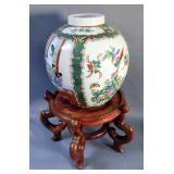 Hand Painted Oriental Ceramic Pot, 12" x 10" With Wood Stand, 9" Tall And Ironstone Ceramic Hatpin H