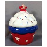 Ceramic Patriotic Cupcake Cookie Jar, 10" And Matching Cupcake Candle 