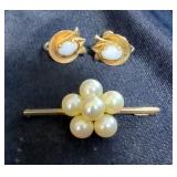 Amco 14K Gold Screw Back Earrings And 14K Lapel Pin With Pearls