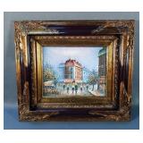 Oil On Canvas City Scape, Illegible Artist Signature In Ornate Frame, 17" x 15" 