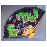 Hand Painted Bamboo Fan With Dragon Motif Wall Decor, 35" x 58"