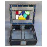 Stained Glass Trinket Box, 2.5" x 7.5" x 6", Stained Glass Folding Frame And Pewter Velvet Lined Jew
