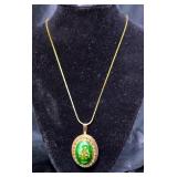 14K Gold Pin/Pendant With Floral Gold And Enamel Design, 2" x 1.25" On 17.5" Chain 