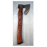 Viking Style Beard Axe, 5" Damascus Blade, 15" Carved Wood Handle, In Tooled Leather Sheath 