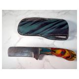 Custom Damascus Fixed Blade Knife, 4" Sheepsfoot Blade, In Leather Sheath