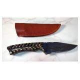 Custom Damascus Fixed Blade Knife, 4.5" Blade, In Tooled Leather Sheath