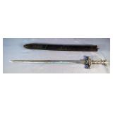 Fantasy Sword With Metal Grip, 22" Blade, In Leather Sheath 