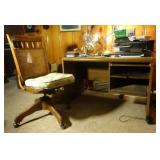 Woven Back Rolling Wood Office Chair with Single Pedestal Computer Desk