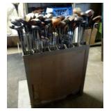 Large Assortment of Driver Golf Clubs with Stand, Qty 60 Clubs, Includes Spalding, Ping, MacGregor, 