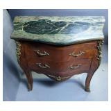 French Style Bow Front 2 Drawer Commode With Marble Top, Bronze Toned Pulls And Accents, 30.5" x 38"