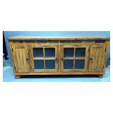 Media Console With Slate Accents, 2 Glass Front Doors And Slide Out Drawers, 28" x 62" x 20" 