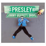 Cow Parade "Rock-N-Roll" Figurine, #9137, Elvis Wall Clock, 15" And Decorative Street Signs Includin