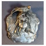 George Lundeen " Peace On Earth" Girl With Bird Pewter Ornament, 4" x 3.5" 