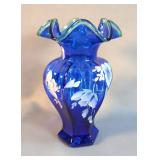 Fenton 75th Anniversary Hand Painted Hexagonal Vase, Signed Bill Fenton, 9.25" x 5.5" 