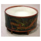 American Revolution Wooden Drum Table w/ Leather String Detail, "We Owe Allegiance to No Crown!" 30"