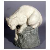 Joseph Boulton Carved Alabaster White Stalking Cougar Sculpture Approx 11" Tall