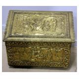 Antique English Repousse Copper & Brass Pub Scene Flip Top Fireplace Wood Fire Box w/ Firewood Insi