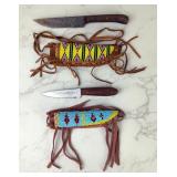 Damascus Fixed Blade Knife, 4.5" Blade, And Fixed Blade Knife, 3.5" Blade, Both In Beaded Leather Sh