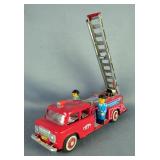 Tin Litho Mechanical Fire Truck with Fireman Figures 