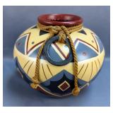 Native American Inspired Painted Clay Pot with Geometric Design