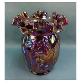 Carnival Glass Vase with Floral Design, 8" Tall