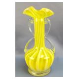 Striped Yellow and White Art Glass Vase with Clear Handles