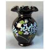 Fenton Black Floral Hand-Painted Vase