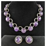 Sterling Silver And Polished Amethyst Necklace, 18 Stones, And Screwback Clip On Earrings, 925 Silve