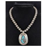 Polished Turquoise Necklace, Artist Signed "Bessie Yazzie", Likely 925 Sterling Silver, 17" 