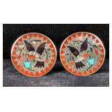 Polished Turquoise, Red Coral, Abalone Shell, And Mother Of Pearl Hummingbird Clip On Earrings, Mark